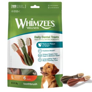 Whimzees tandenborstel L stazak 6 stuks – gebitsverzorgende kauwsnack voor grote honden, lengte 14,5 cm.
