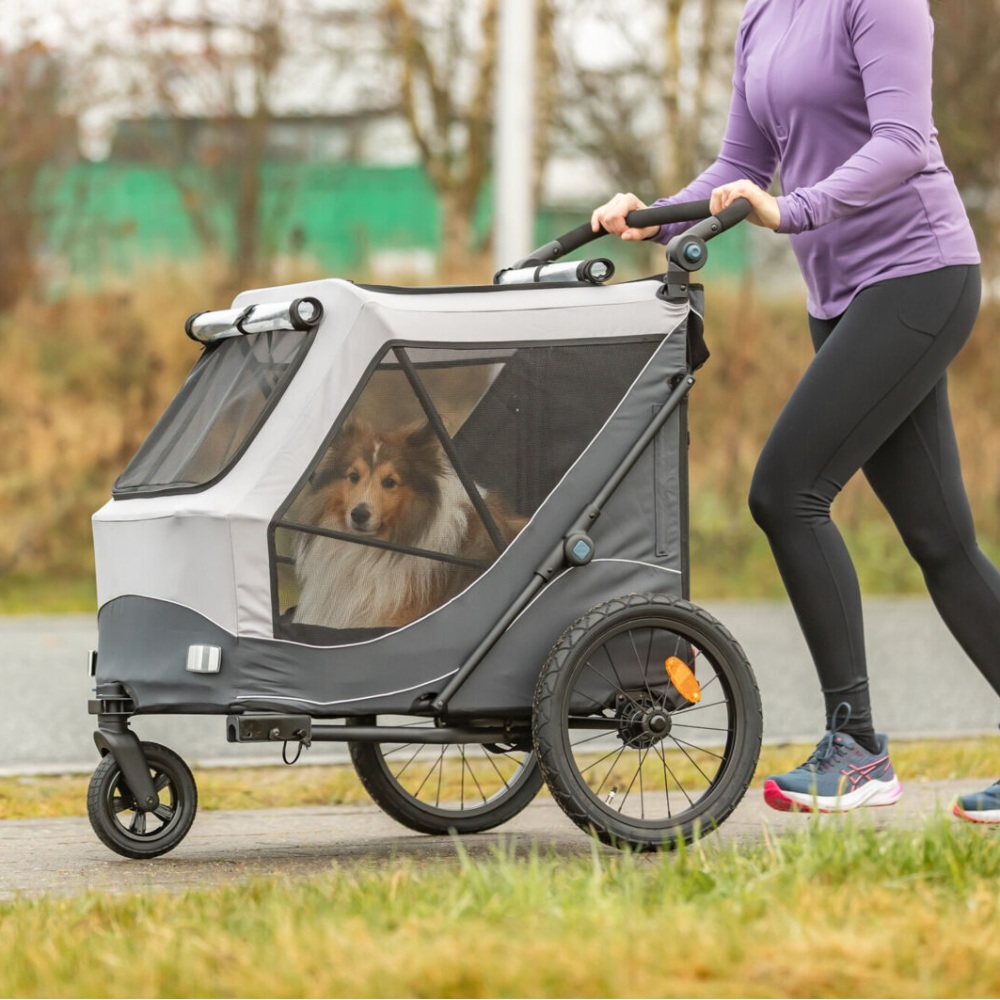 Sfeerfoto: Trixie Fietskar snelvouw grijs zwart voor honden met snelvouwfunctie, regenhoes, veiligheidsvlag en visco-elastisch kussen