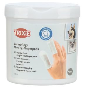 Verpakking Trixie Dental Care tandverzorging vingerpads 50 stuks, wegwerp vingerpads met reinigingslotion en muntsmaak.