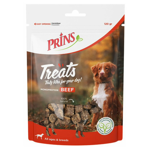 Zak Prins Treats Dog Beef 120 gram hondensnacks – beloningsblokjes met 50% rund, graanvrij en makkelijk te breken.