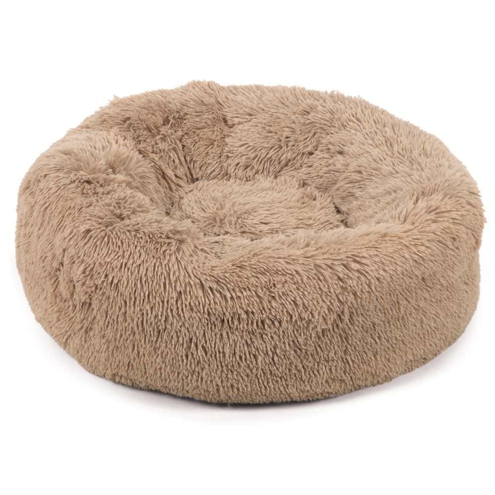 Pluche hondenmand Yali beige – zachte ronde hondenmand van pluche met antislip onderzijde.
