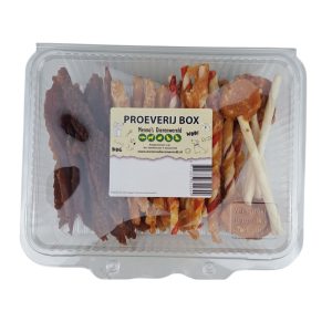 Proeverijbox hondensnacks – gevarieerde snackbox met kip, rund en eend. Inclusief glutenvrije en vetarme snacks, geschikt voor alle honden.