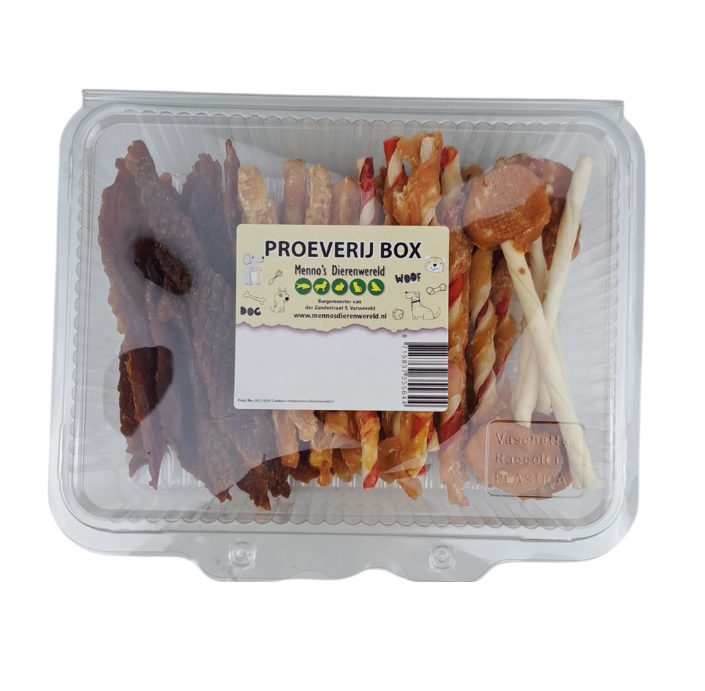 Proeverijbox hondensnacks – gevarieerde snackbox met kip, rund en eend. Inclusief glutenvrije en vetarme snacks, geschikt voor alle honden.