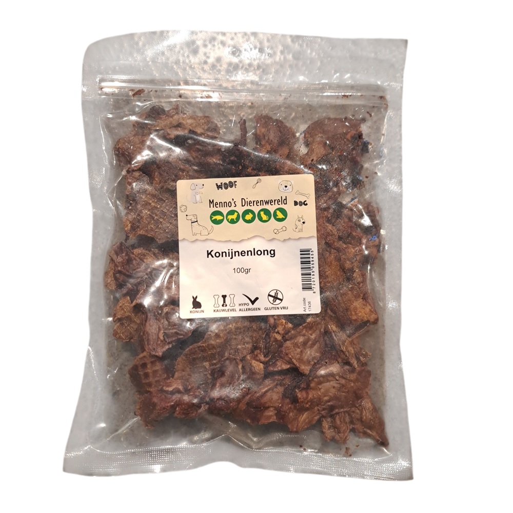 Gedroogde konijnenlong snack voor honden – 100 gram, natuurlijke hypoallergene traktatie