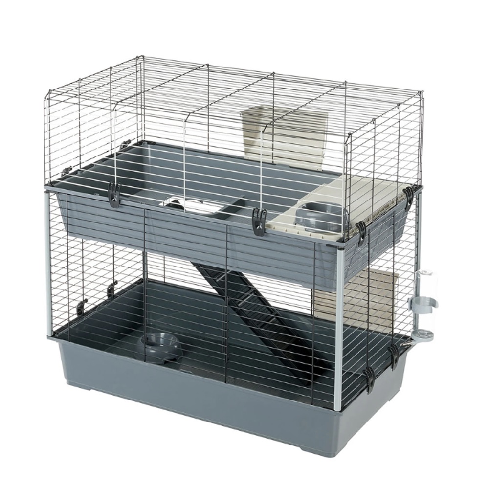 Ferplast Rabbit 100 Double dubbele konijnenkooi met twee verdiepingen, ladder, hooiruiven, drinkfles, voerbakken en schuilhuis