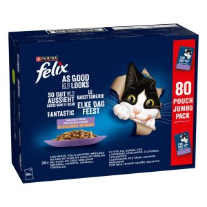 Felix Multipack Gelei Elke Dag Feest Mix Selectie met 80 zakjes nat kattenvoer van 85 gram, mix van kabeljauw, zalm, rund en kip.