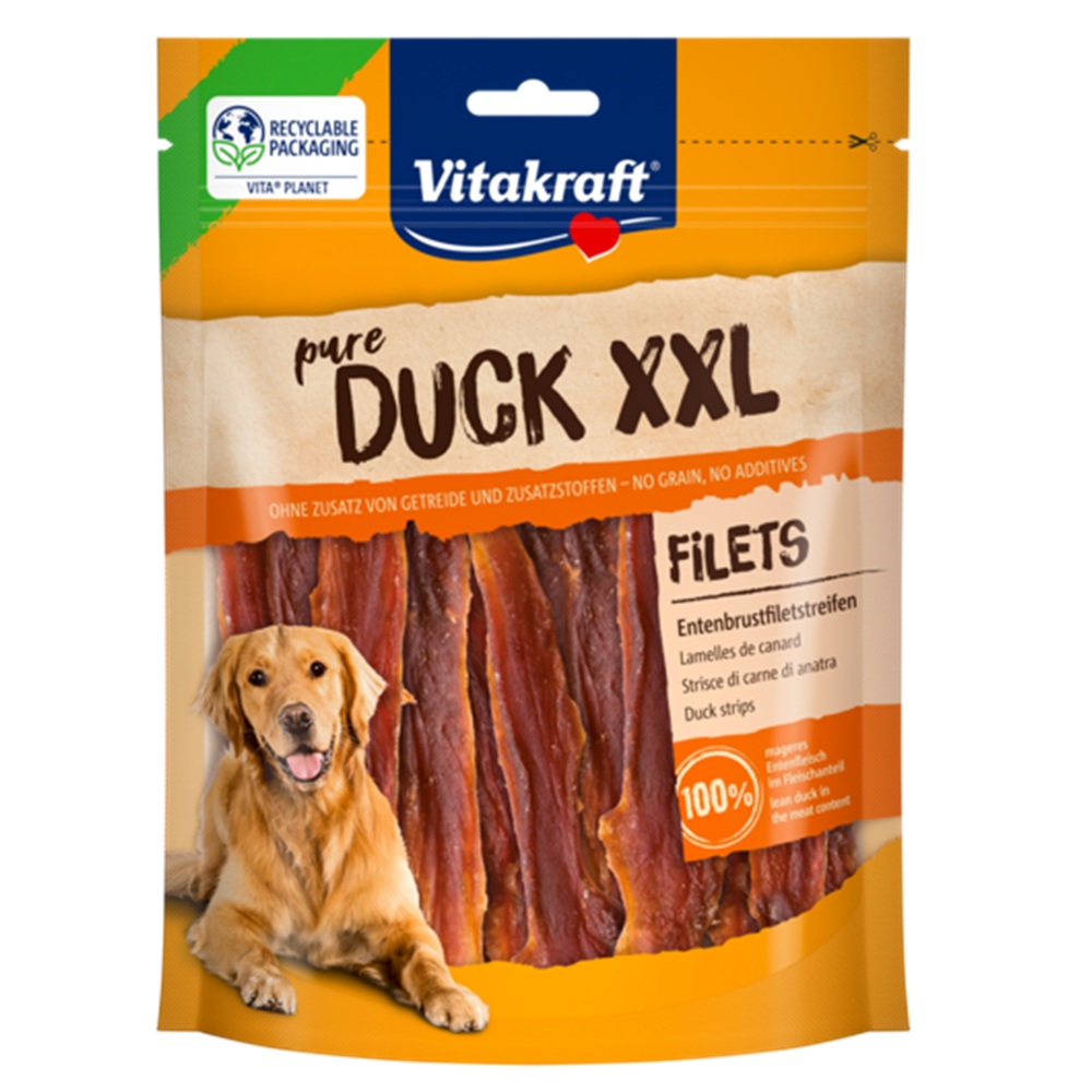 Vitakraft Eendenvleesstrips XXL 250 gram hondensnack met eendenborstfilet verpakking