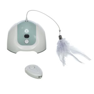 Catch Me motor met afstandsbediening ø15x21cm kattenspeeltje van kunststof met ronddraaiend/slingerend speeltje en reserve speelhengel.