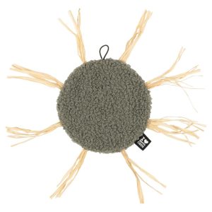 Kattenspeeltje Milly XL groen 25x25x1cm van zachte teddystof met knisperfolie, raffia-accenten en lusje voor kattenhengel.