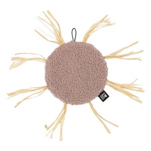 Kattenspeeltje Milly XL roze 25x25x1cm van zachte teddystof met knisperfolie, raffia-accenten en lusje voor kattenhengel.
