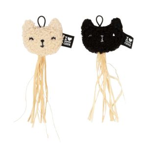 Kattenspeeltje Indy 5,5x2cm in assorti kleuren met raffia-staartje (kattenhoofdje speelgoed).