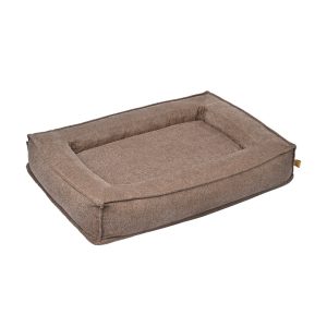 Orthopedisch bed deluxe Bruin met opstaande rand, rechthoekig hondenbed op witte achtergrond.