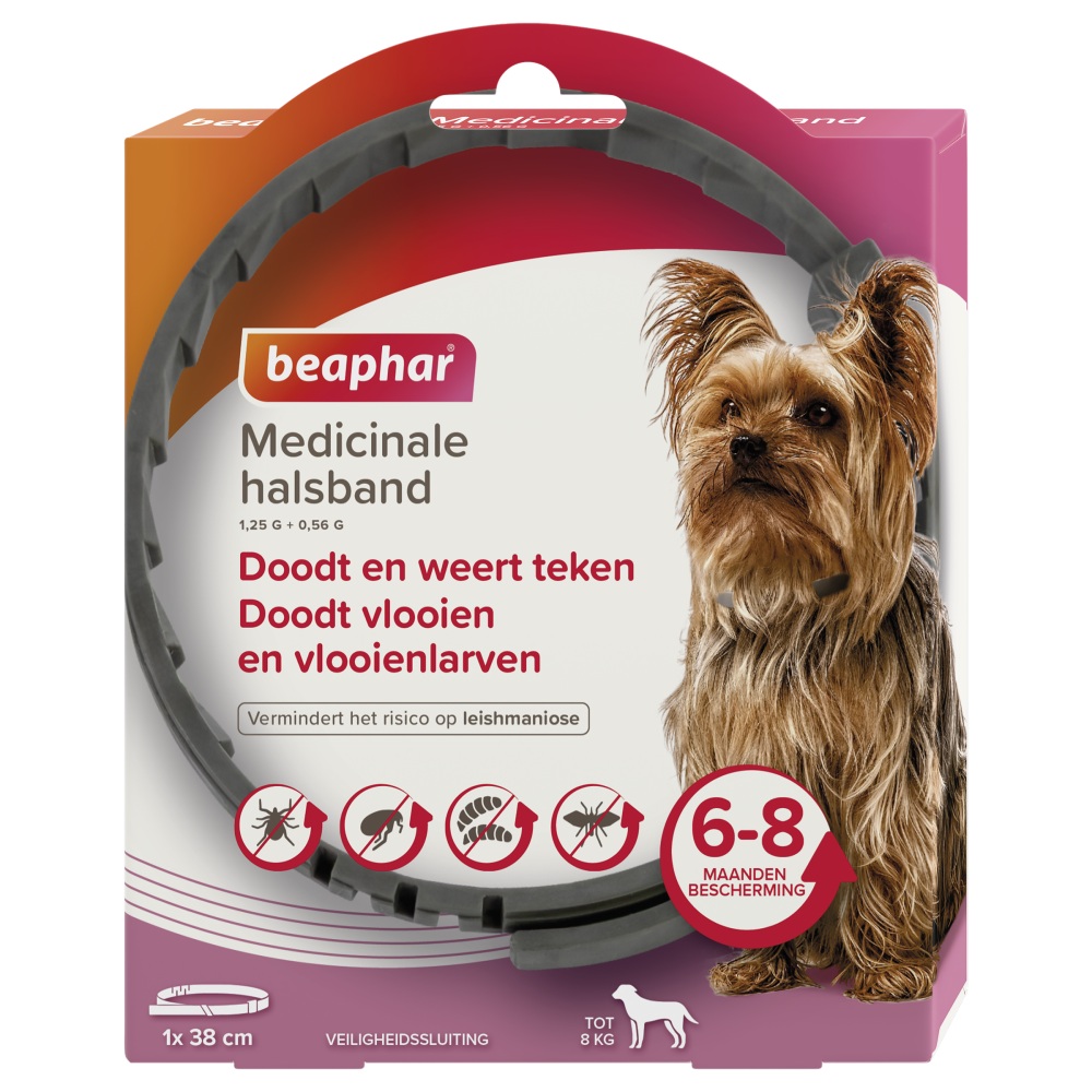 Medicinale halsband hond tot 8 kg (38 cm). Werkt tot 8 maanden tegen teken en tot 6 maanden tegen vlooien. Langdurig, makkelijk en scherp geprijsd.