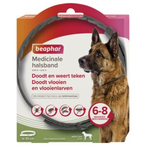 Medicinale halsband hond vanaf 8 kg (70 cm). Werkt tot 8 maanden tegen teken en tot 6 maanden tegen vlooien. Makkelijk, langdurig en scherp geprijsd.