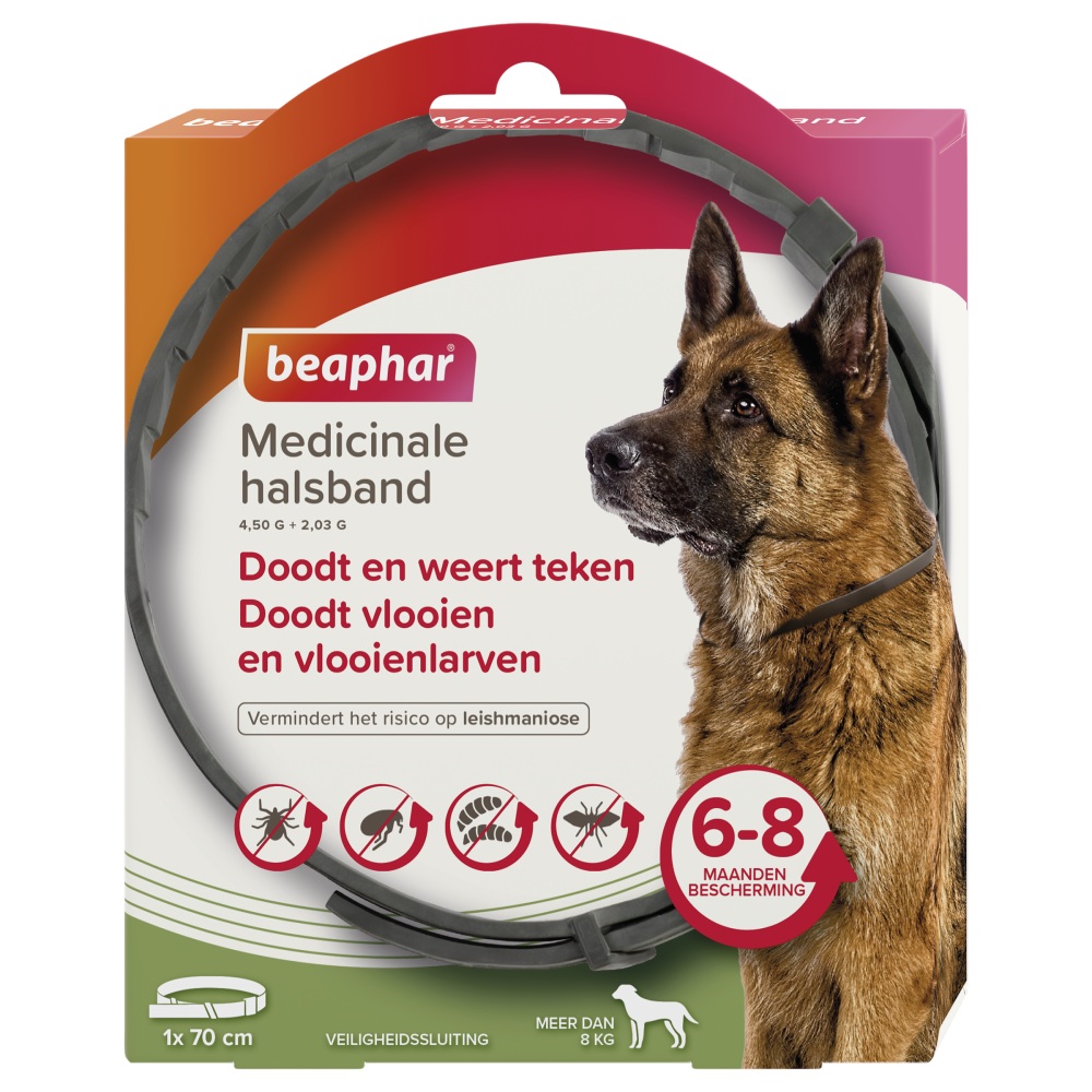Medicinale halsband hond vanaf 8 kg (70 cm). Werkt tot 8 maanden tegen teken en tot 6 maanden tegen vlooien. Makkelijk, langdurig en scherp geprijsd.