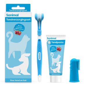 Sanimal Tandverzorgingsset met tandpasta, 3-koppige tandenborstel en vingertandenborstel voor hond en kat