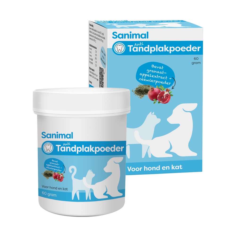 Sanimal Anti-Tandplakpoeder 60 gram potje voor gebitsverzorging hond en kat