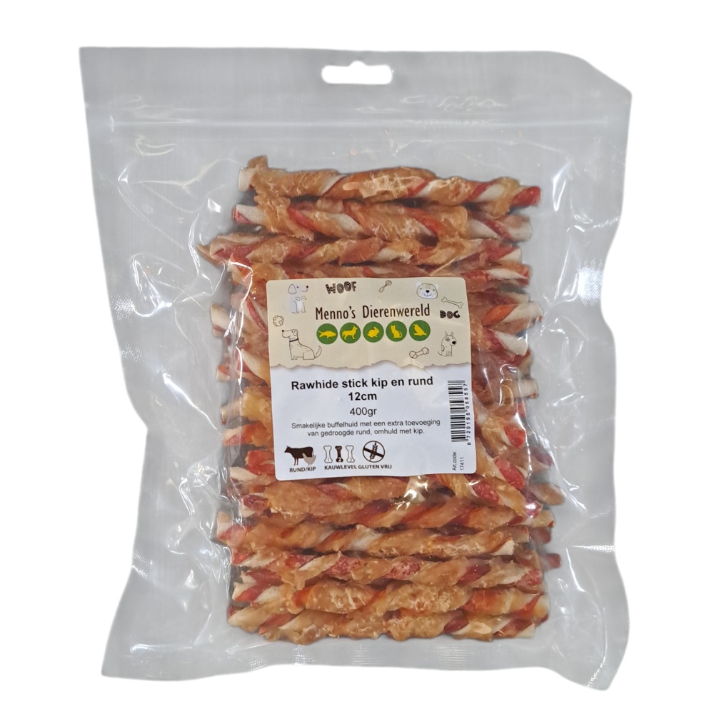 Rawhide stick met kip en rund 12 cm 400 gram – buffelhuid kauwstaaf voor kleine honden