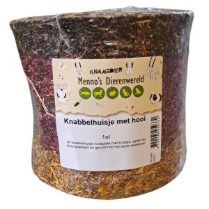 Knabbelhuisje met hooi 13x15 cm voor knaagdieren en (dwerg)konijnen – gevuld met weidehooi
