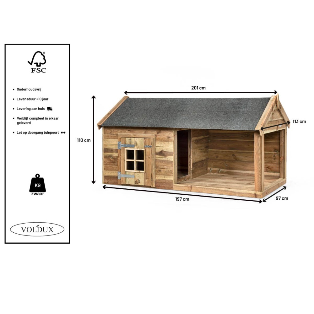 Afmetingen: Voldux Hondenhok Naud 201x113x110 cm stevig houten hondenhok voor buitengebruik