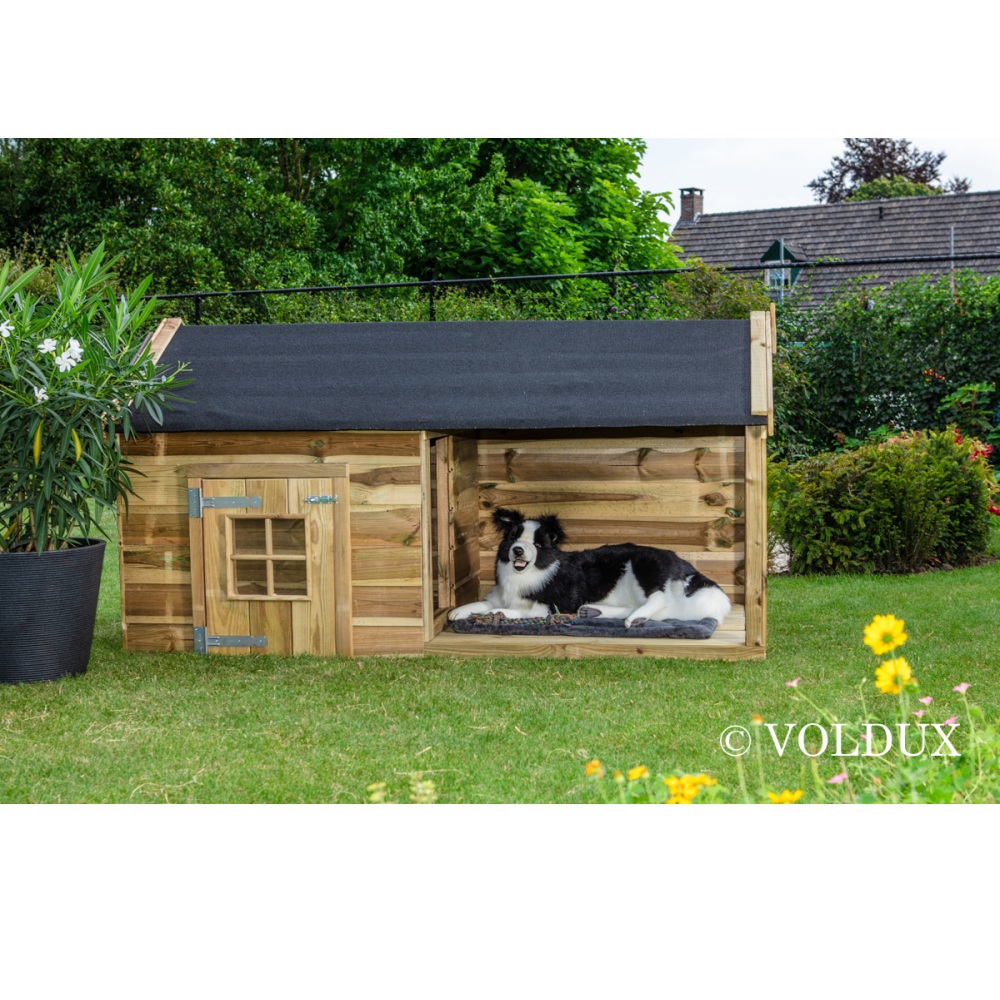 Sfeerfoto: Voldux Hondenhok Naud 201x113x110 cm stevig houten hondenhok voor buitengebruik