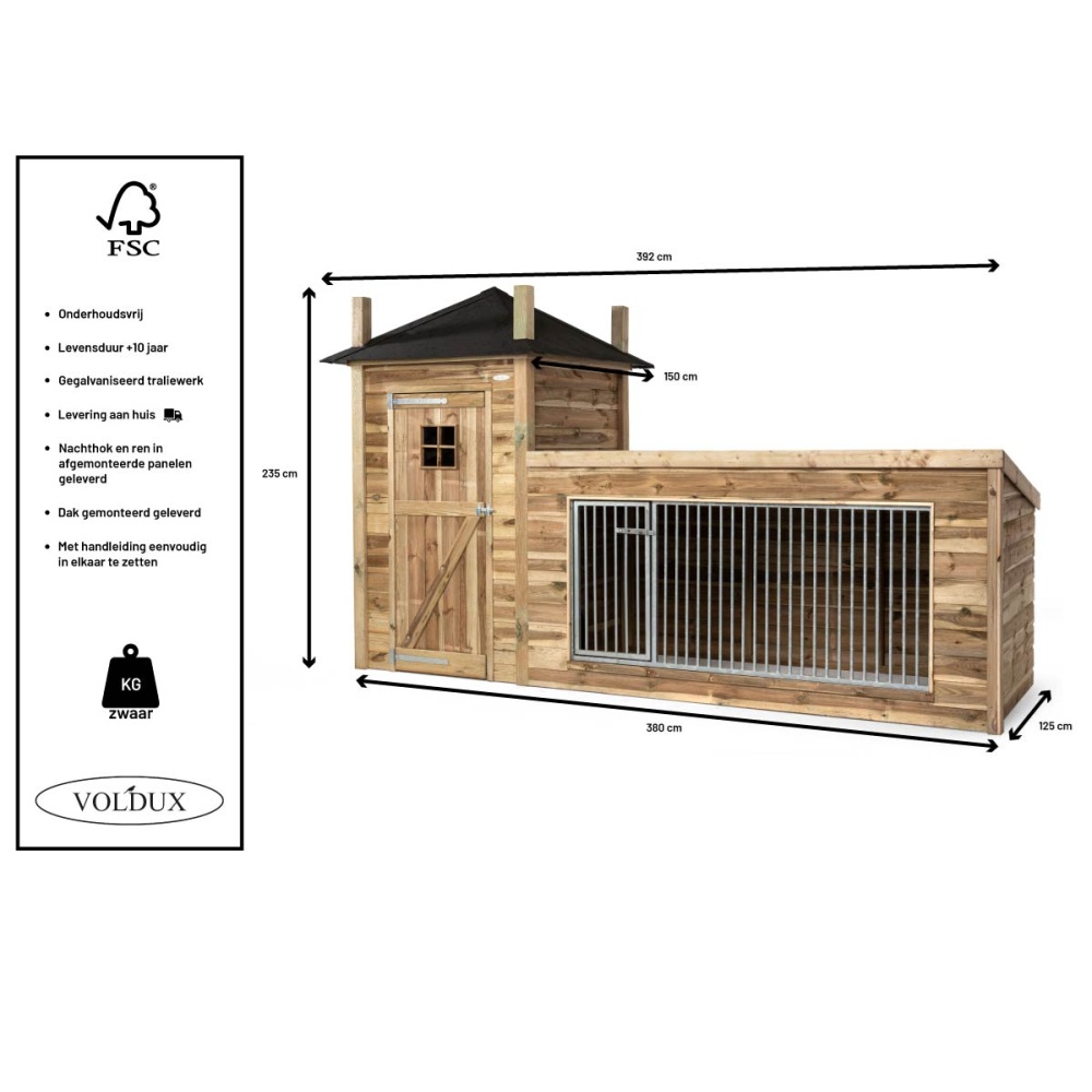 Afmetingen: Voldux Hondenhok Lize 392x150x235 cm hondenhok met kennel en hooibergdak