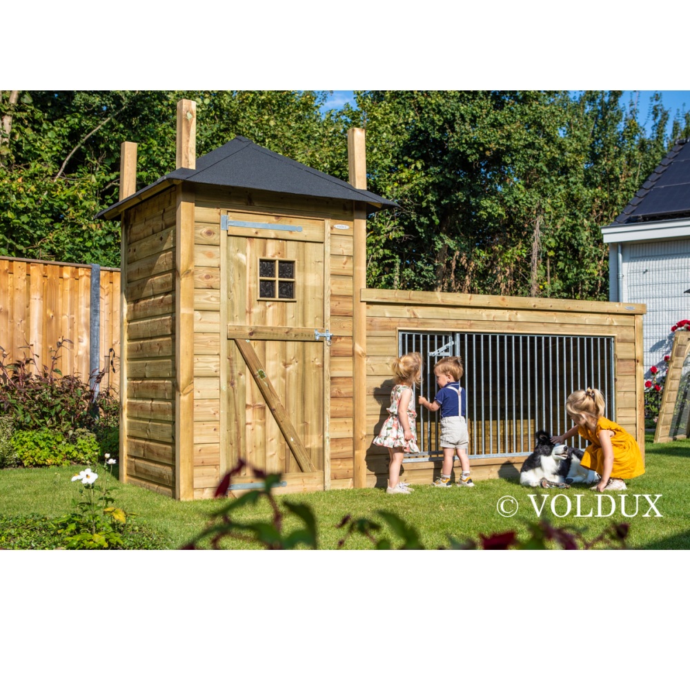 Sfeerfoto: Voldux Hondenhok Lize 392x150x235 cm hondenhok met kennel en hooibergdak