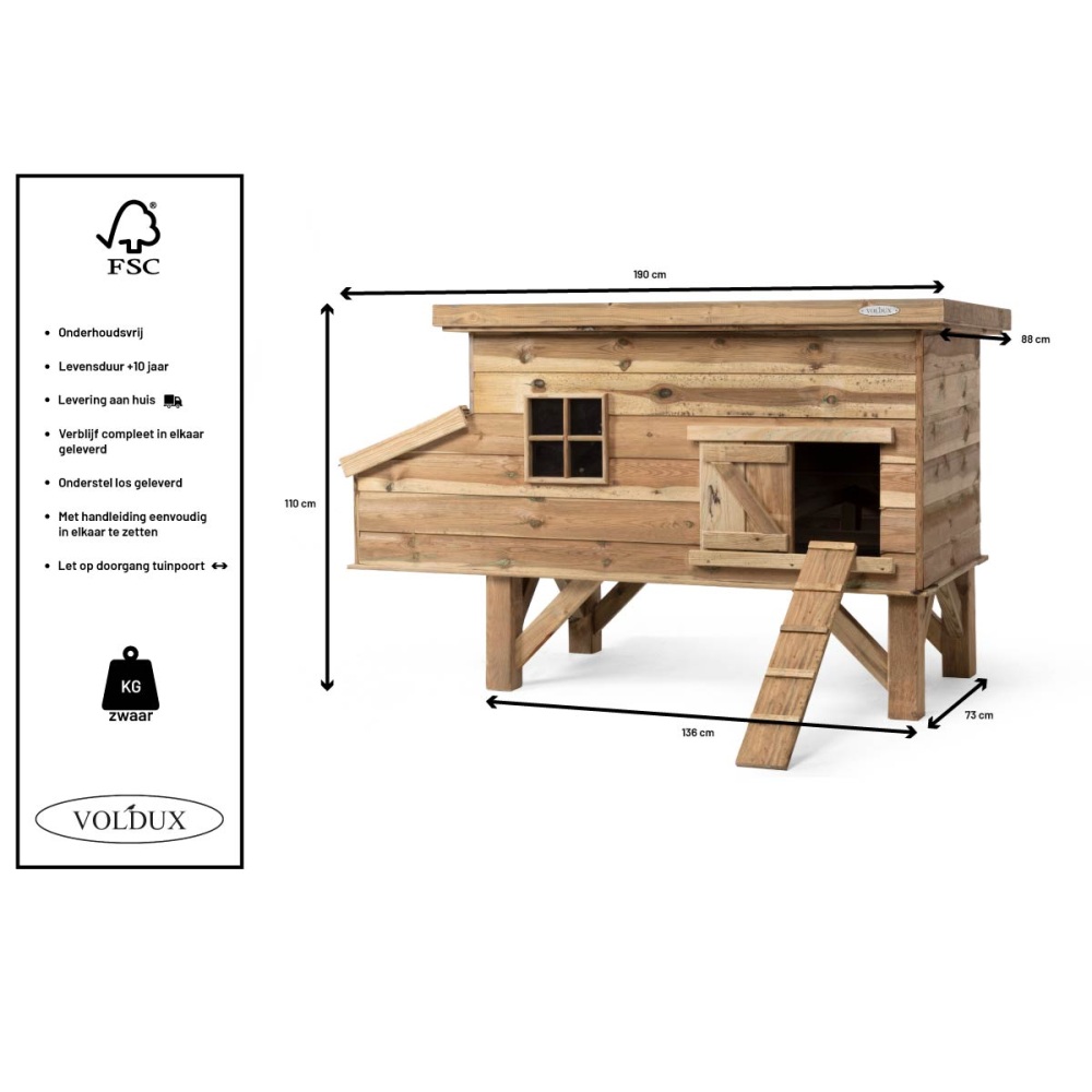 Afmetingen: Voldux Kippenhok Finn 190x88x110 cm houten kippenhok met legnest en loopplank