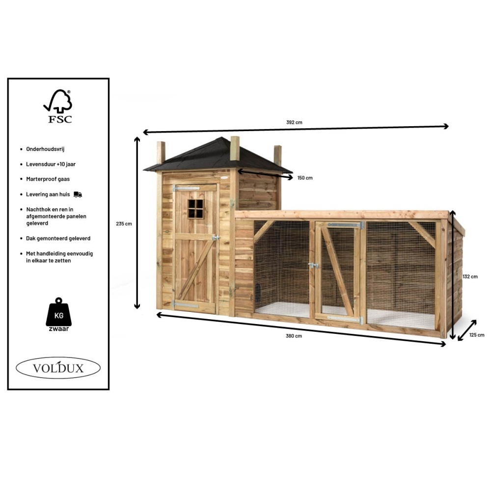 Afmetingen: Voldux Kippenhok Lotte 392x150x235 cm groot kippenhok met hooiberg en uitloopren