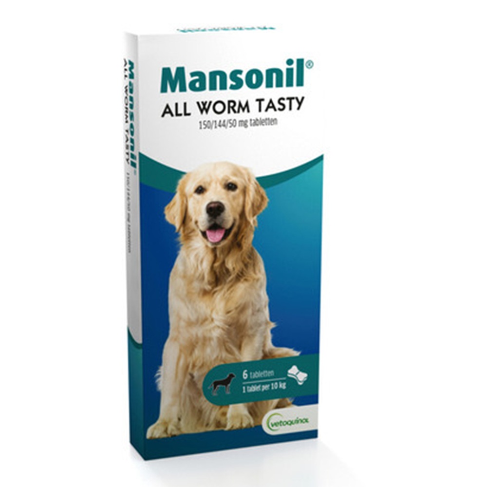 Mansonil All Worm Dog Tasty Bone 6 tabletten ontworming voor honden met vleessmaak in kluifjesvorm