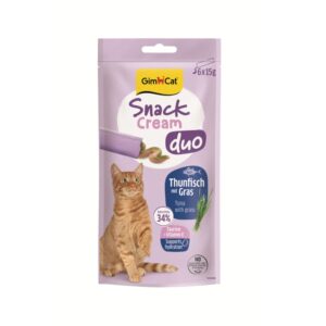 GimCat Snack Cream Duo Tonijn en Gras 6 x 15 gram romige kattensnack met kattengras
