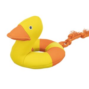 Geel en oranje waterspeelgoed eend aan koord 20cm voor honden om mee te apporteren in het water