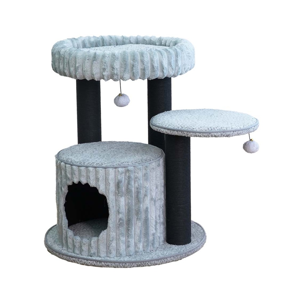 Krabpaal Verona Grijs 55x55x66cm van EBI met zachte mand, slaaphuisje, platform, papieren krabtouw en twee speelballetjes