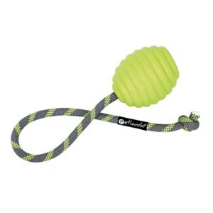 Hondenspeelgoed Ruffies bal aan koord met neon groene rubberen bal en extra sterk grijs groen klimtouw