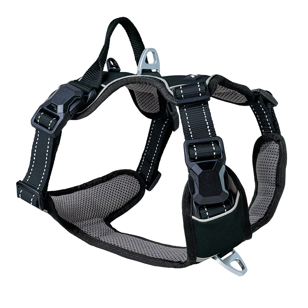 Magnetisch outdoor tuig zwart van Petlando met magnetische sluitingen, reflecterende randen en verstelbare pasvorm.