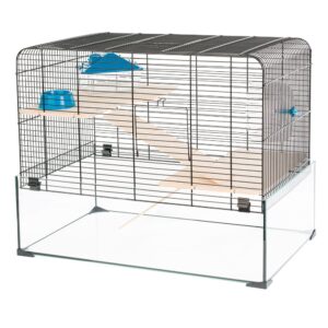 Hamsterverblijf Glassy Glenn 59x38x47cm van duvoplus met hoge glazen bodem, zwart traliewerk, 2 verdiepingen en accessoires