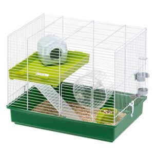 Ferplast hamsterkooi Duo 46x29x37,5cm met twee verdiepingen, kunststof bodem, traliewerk, drinkfles, voerbak, looprad en huisje