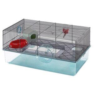 Ferplast hamsterkooi Favola 60x36,5x30cm met transparante diepe bodem, metalen traliewerk, huisje, drinkfles en stil looprad