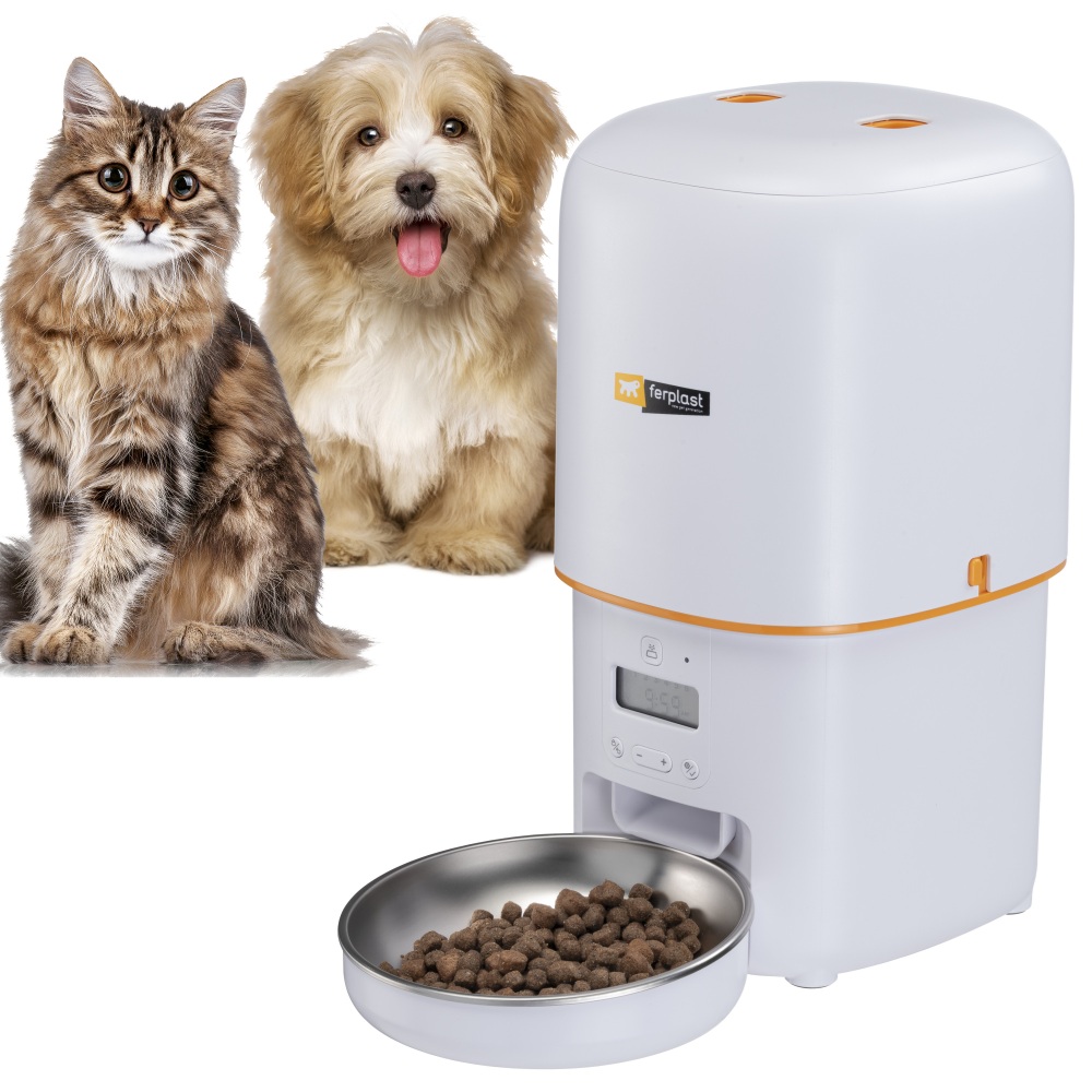 Ferplast voerautomaat 14,5x31x31,5cm automatische voerdispenser voor hond en kat met 4 liter reservoir en RVS voerbak