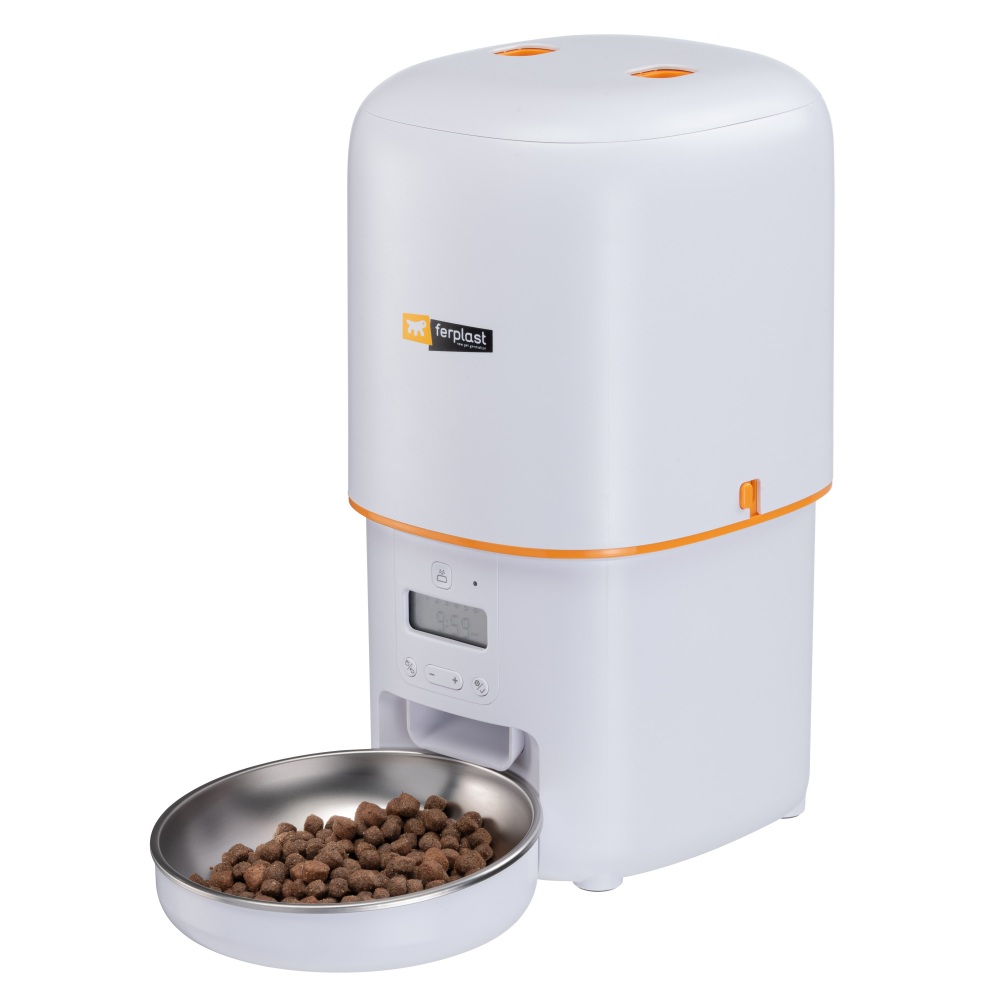 Ferplast voerautomaat 14,5x31x31,5cm automatische voerdispenser voor hond en kat met 4 liter reservoir en RVS voerbak