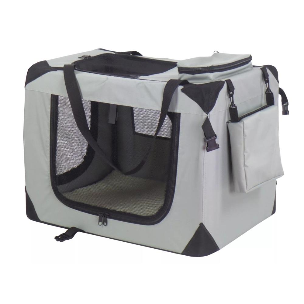 Nylon Reisbench Grijs met metalen frame, draaghengsels, gaasramen en ligmat in teddystof