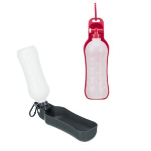 Drinkfles met waterbak kunststof voor honden met uitklapbare drinkbak en karabijnhaak in diverse kleuren