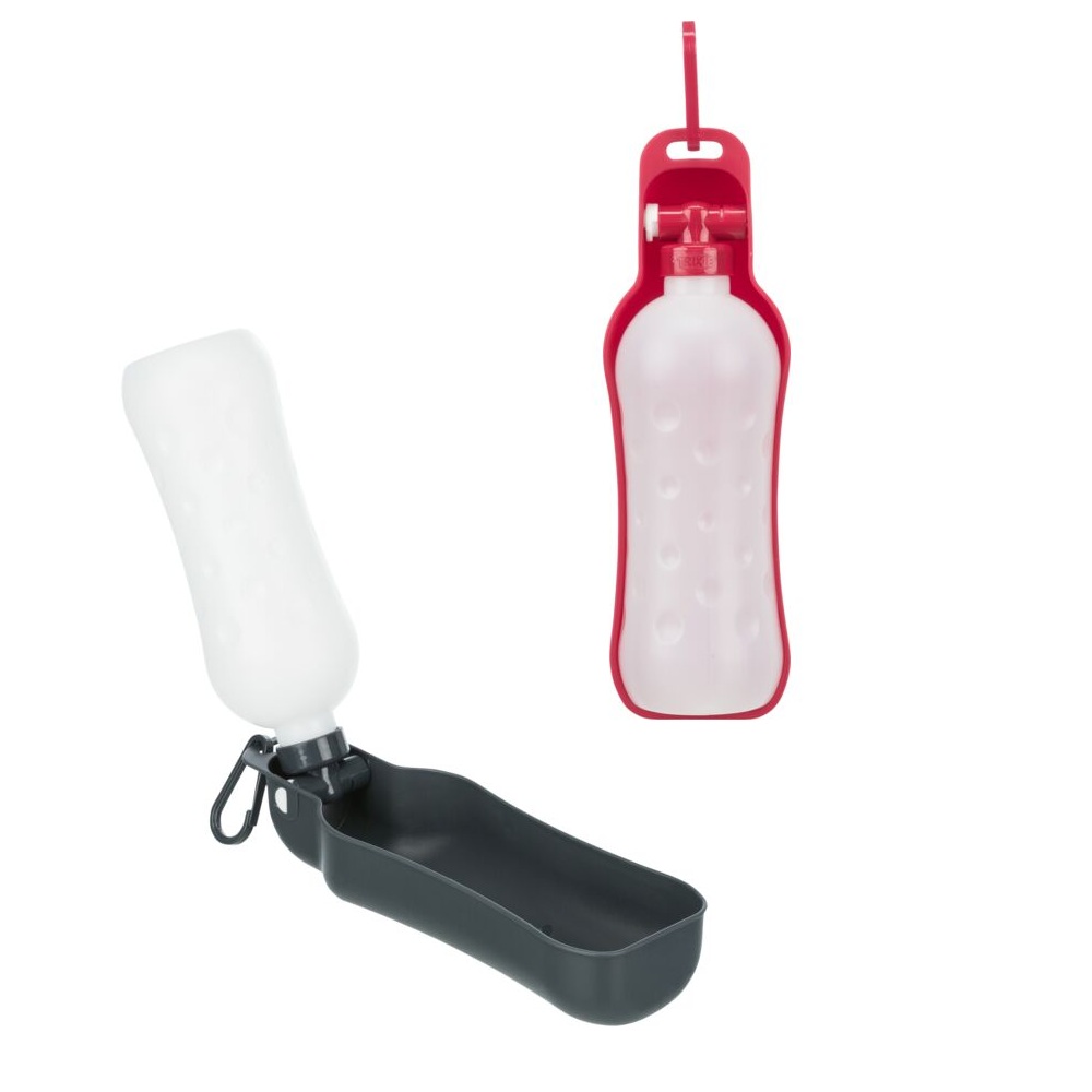 Drinkfles met waterbak kunststof voor honden met uitklapbare drinkbak en karabijnhaak in diverse kleuren