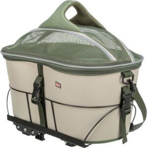 Fietsmand voor bagagedrager 33x40x46cm olijfgroen beige voor honden tot 10 kg met ligmat korthouder en reflecterende elementen