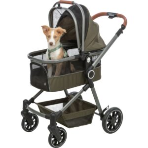 Buggy voor honden 56x101x100cm olijfgroen met afneembare mand, regenkap, vier wielen en inklapsysteem voor honden en katten tot 22 kg