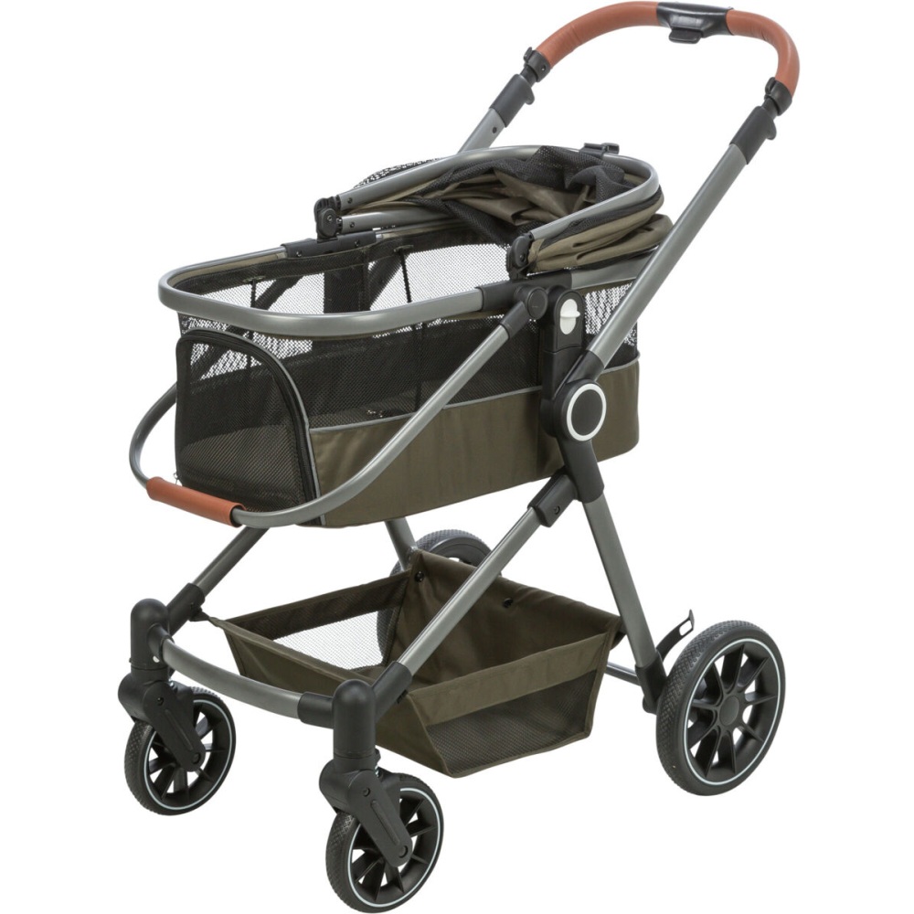 Buggy voor honden 56x101x100cm olijfgroen met afneembare mand, regenkap, vier wielen en inklapsysteem voor honden en katten tot 22 kg