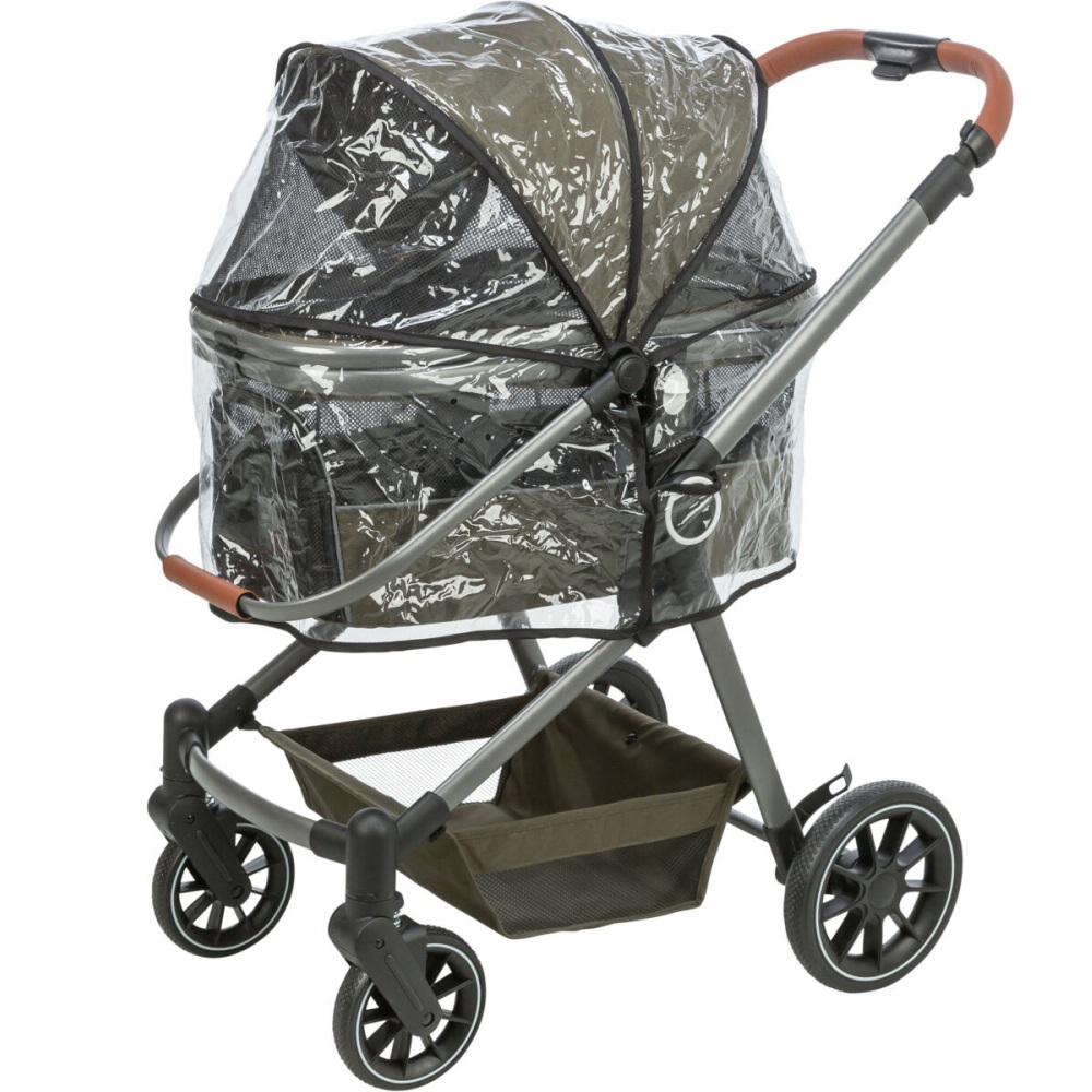 Buggy voor honden 56x101x100cm olijfgroen met afneembare mand, regenkap, vier wielen en inklapsysteem voor honden en katten tot 22 kg