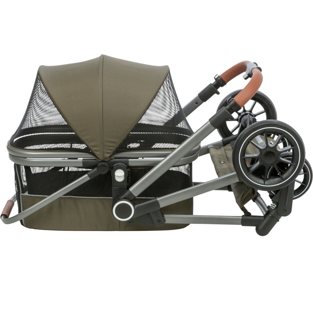 Buggy voor honden 56x101x100cm olijfgroen met afneembare mand, regenkap, vier wielen en inklapsysteem voor honden en katten tot 22 kg
