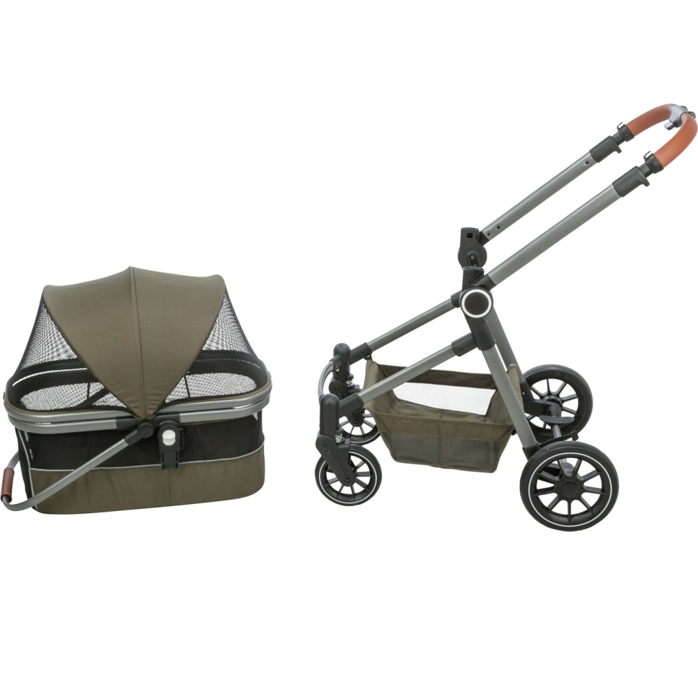 Buggy voor honden 56x101x100cm olijfgroen met afneembare mand, regenkap, vier wielen en inklapsysteem voor honden en katten tot 22 kg