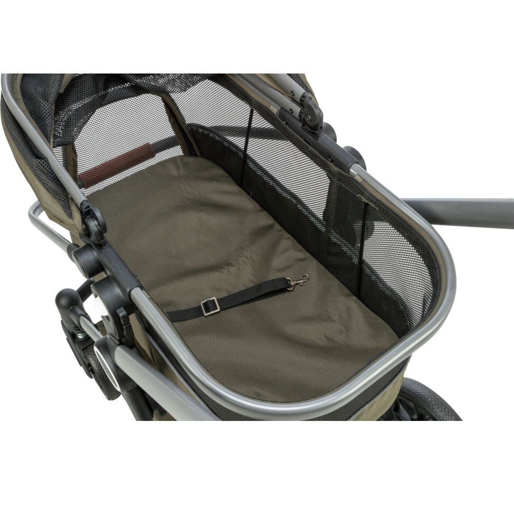 Buggy voor honden 56x101x100cm olijfgroen met afneembare mand, regenkap, vier wielen en inklapsysteem voor honden en katten tot 22 kg